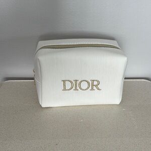 NEW! Dior Beige Cosmetic Case with Textured Fabric and Gold Logo (Includes Box)